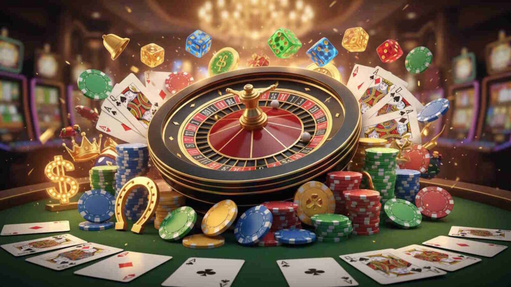 Das Bild zeigt ein Roulette, Spielkarten, Spielchips und soll darstellen, welche Spiele man in den besten Online Casinos Deutschland erleben kann.