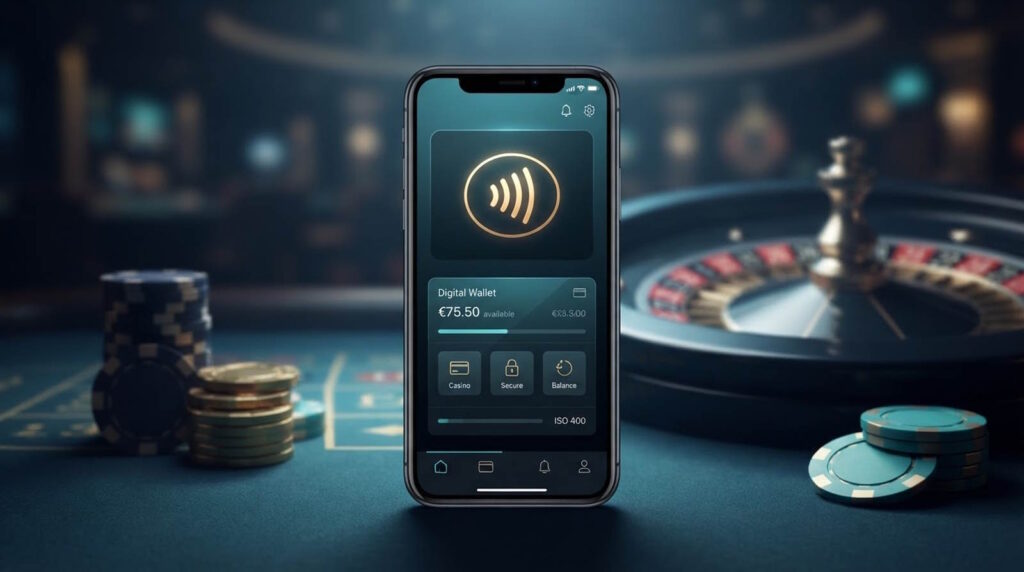 Das Bild stellt eine Einzahlung in Online Casinos mit mobile Payment dar. Ein Smartphone mit einer stilisierten digitalen Zahlungsoberfläche, kontaktlosem Bezahlsymbol und digitaler Wallet.