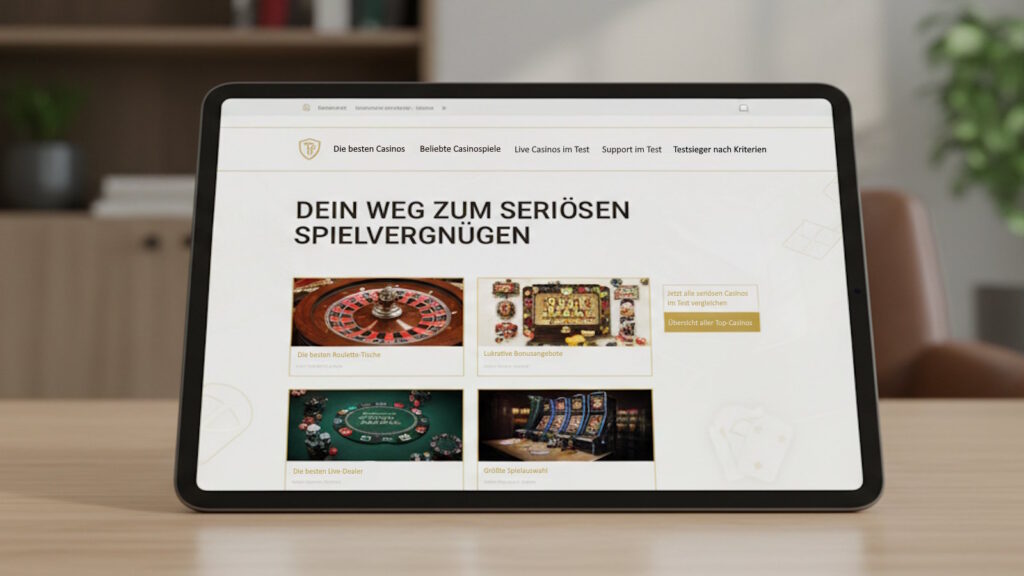Im Bild sieht man ein Tablet das auf seriöse Online Casinos hinweist