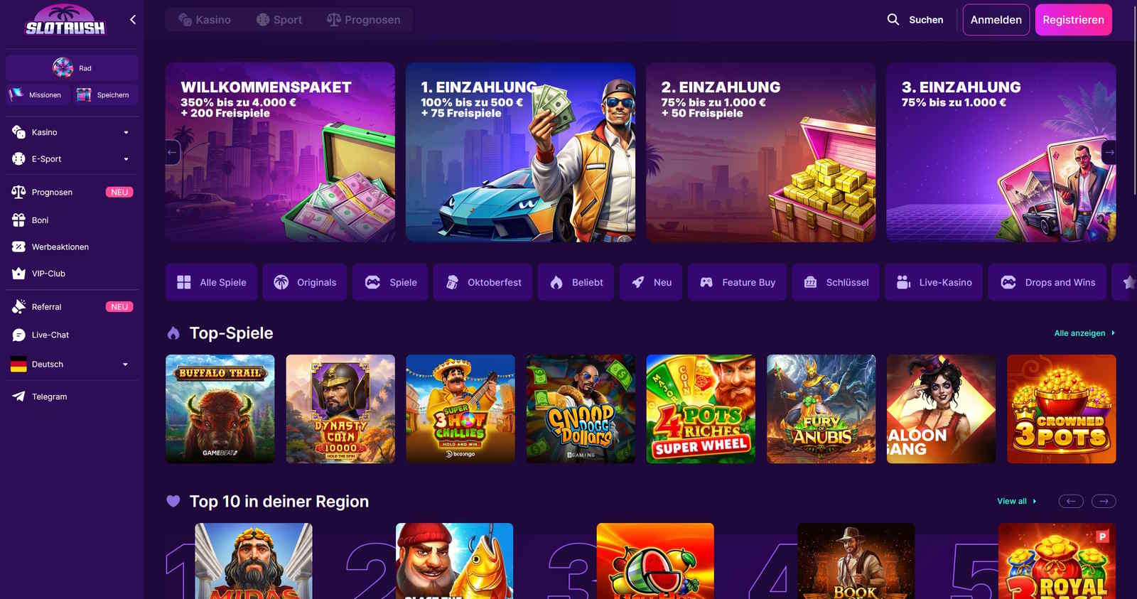 Slotrush Casino Übersicht der Startseite